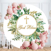 Aperturee - Green Leaves Gold Glitter Round Baby Shower Backdrop